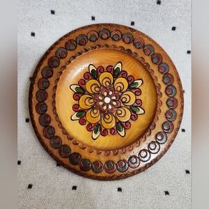Polish Wood Plate Pyrography 7” Folk Art Floral Theme Vintage Slavic Art